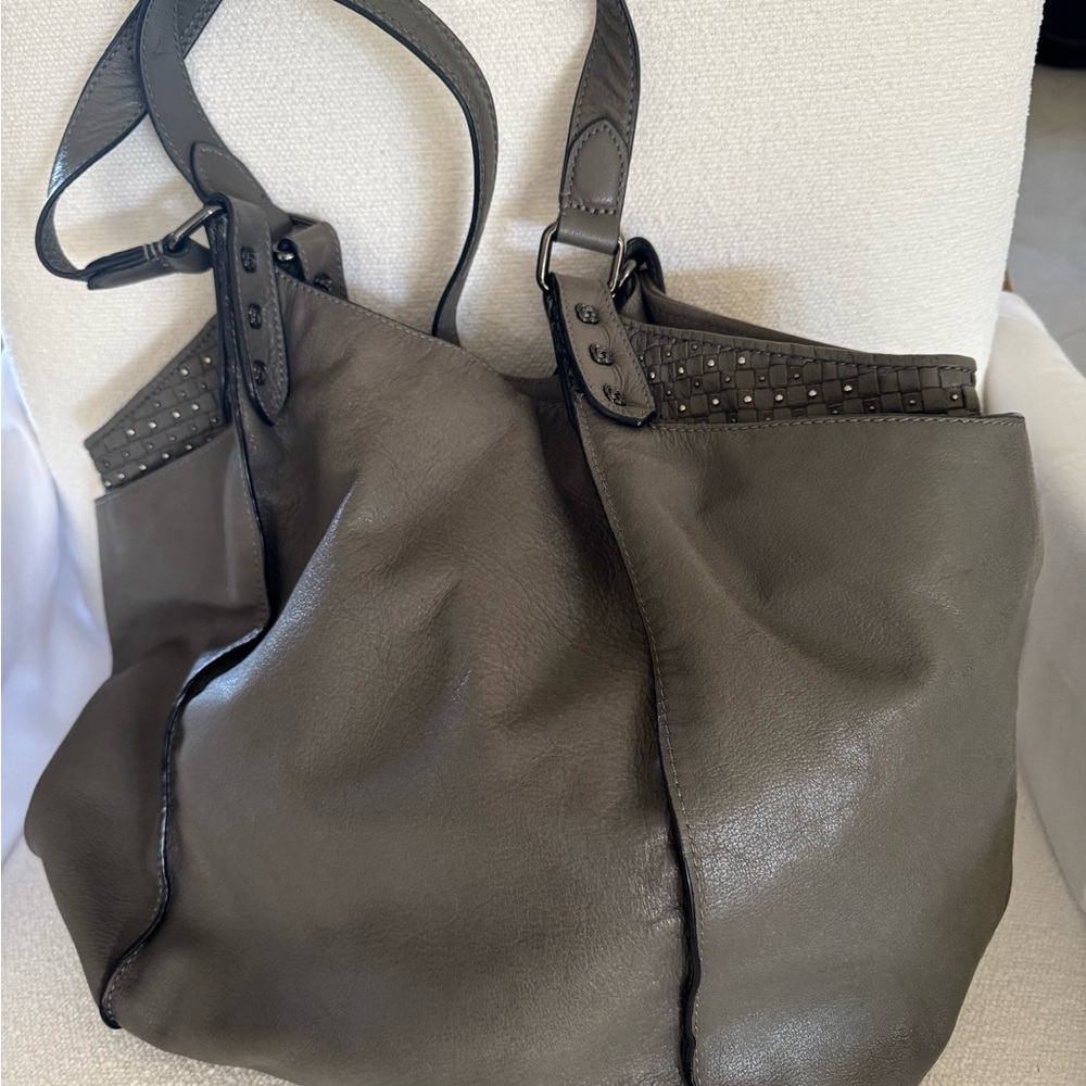 Elliott Luca Gray Leather Studded Accents Designer Double Strap Shoulder Bag